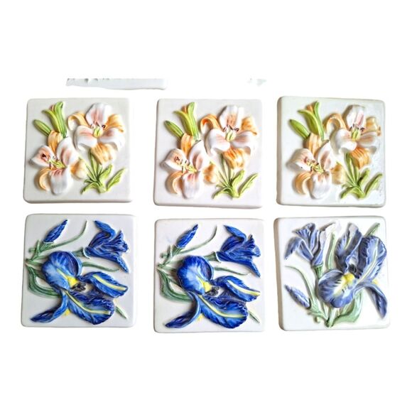 Rare 3D Porcelain Tiles Crafters Lot of 10 Flowers 4 x 4 Vintage 1980s - Picture 3 of 11